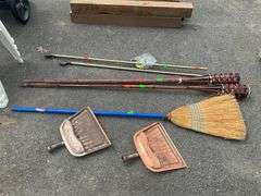 Tiki Torches, Dust Pans, Curtain Rod, and Broom Assortment