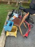 Scrap Lot with Bicycle, Chairs, Scooter, and Miscellaneous Items