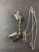 Two Necklaces One With Pearls(Barbie) One With Three Tiny Amber Beads/ Sweater Clip Made From Earrings