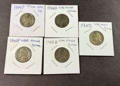 Five silver Jefferson nickels 1944/1945