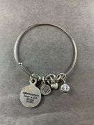 Chubby Chico Silver Tone Bangle Bracelet With Charms Attached Costume Jewelry Hearts , Beads,