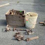 Plastic Bucket and Wooden Crate with Assorted Metal Traps