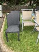 Two Wicker Patio Chairs and Three Aluminum Frame Canvas Chairs