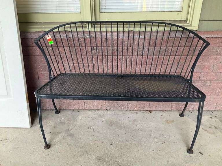 Black Metal Bench with Mesh Seating and Wire Backing