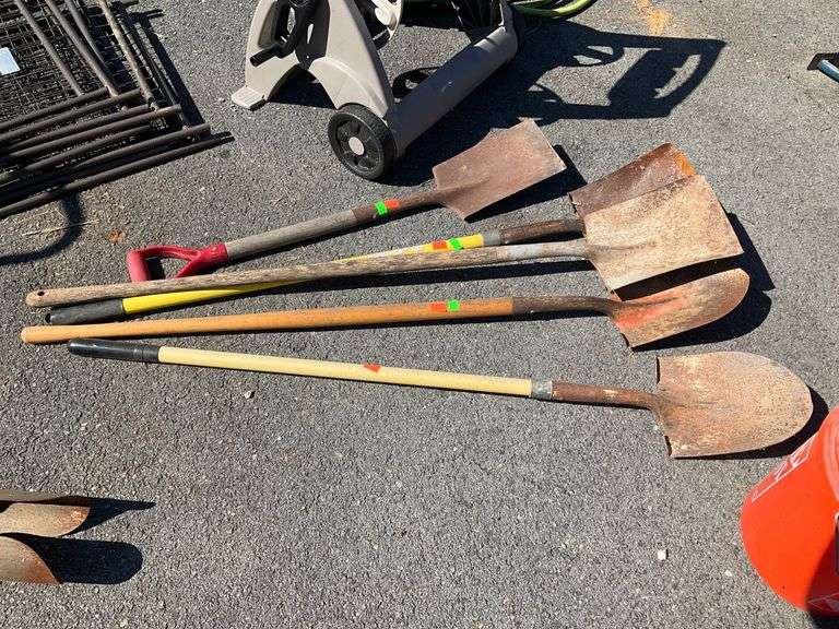 Five Metal Head Shovels with Mixed Handles