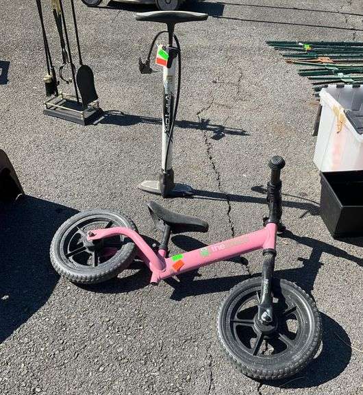 Pink Balance Bike and Raptor Bicycle Floor Pump