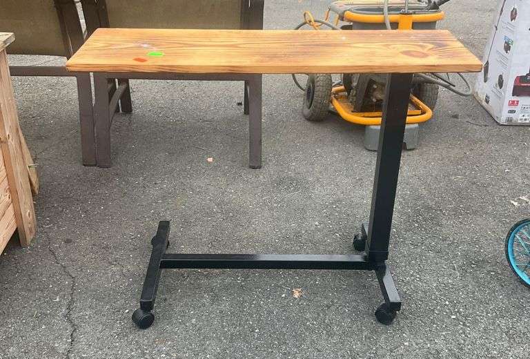 Mobile Desk With Wooden Top and Metal Base on Casters
