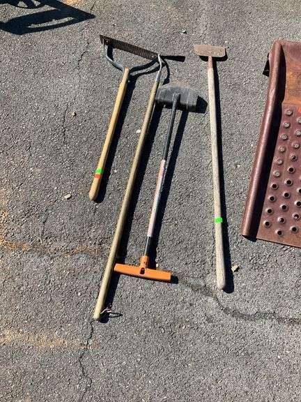 Garden Tools Including Rake, Hoe, and Scraper Implements