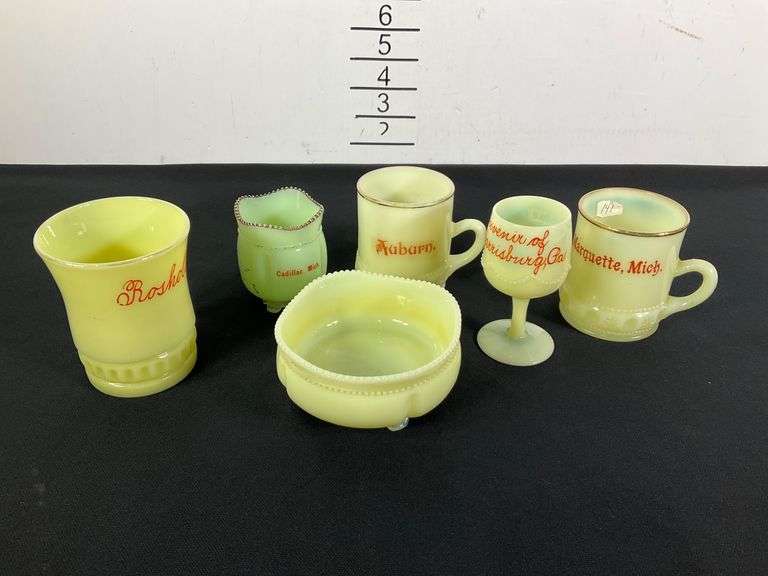 Custard Uranium Glass Souvenir Items with Red Lettering - Hash Auctions