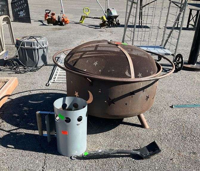 Iron Fire Pit with Mesh Screen, Charcoal Fire Starter, and Wire Grill Brush