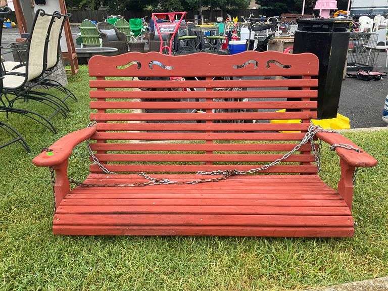 Outdoor Slatted Porch Swing with Decorative Backrest, 48-Inch Sitting Width