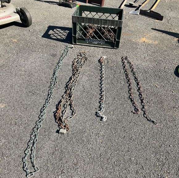 Plastic Crate Containing Assorted Chains of Various Lengths and Link Sizes