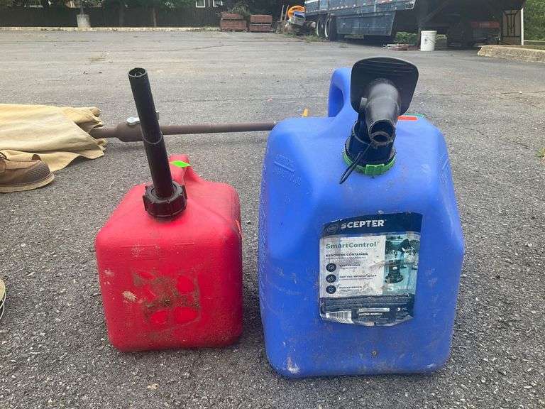 Five-Gallon and Two-Gallon Plastic Fuel Cans With Nozzles