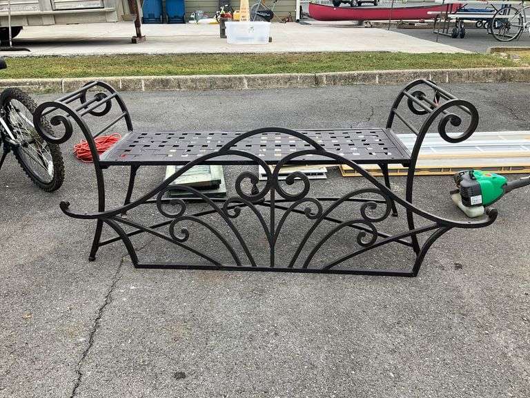 Decorative Metal Bench with Scroll Arms and Webbed Seating