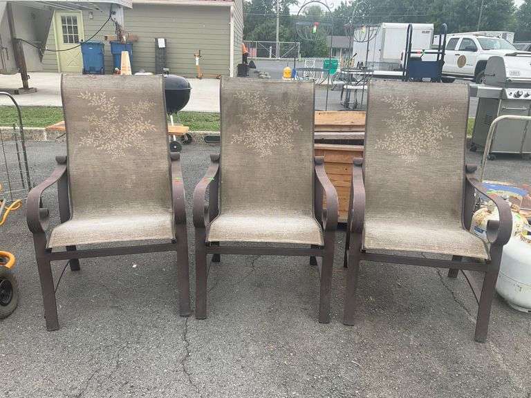 Three Aluminum Frame Chairs with Floral Accent Mesh Seat and Back