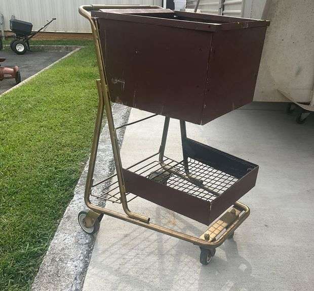 Two-Tier Wire Shopping Cart With Wooden Panels and Missing Screws