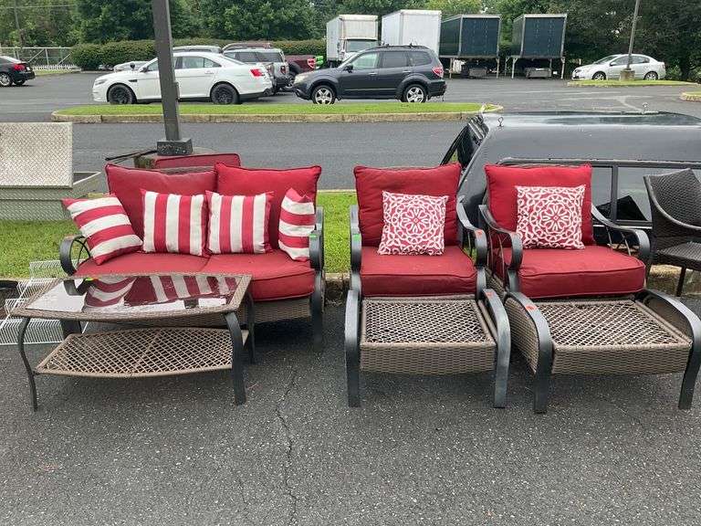 6-Piece Patio Set with Loveseat, Armchairs, Ottomans, and Glass-Top Coffee Table