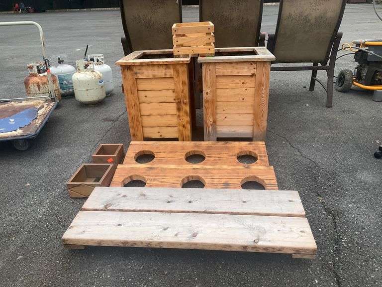 Wooden Planters, Holders, and Wall Shelf Set