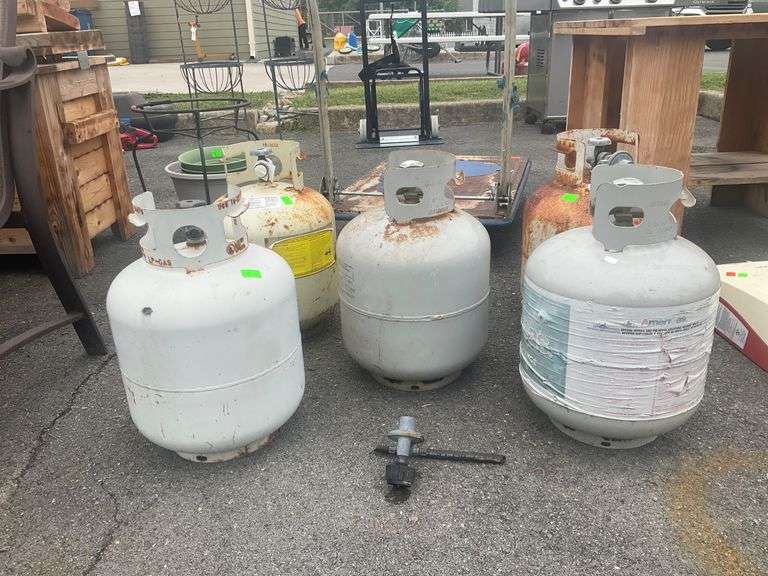 Five Steel Propane Tanks with Valve Attachments