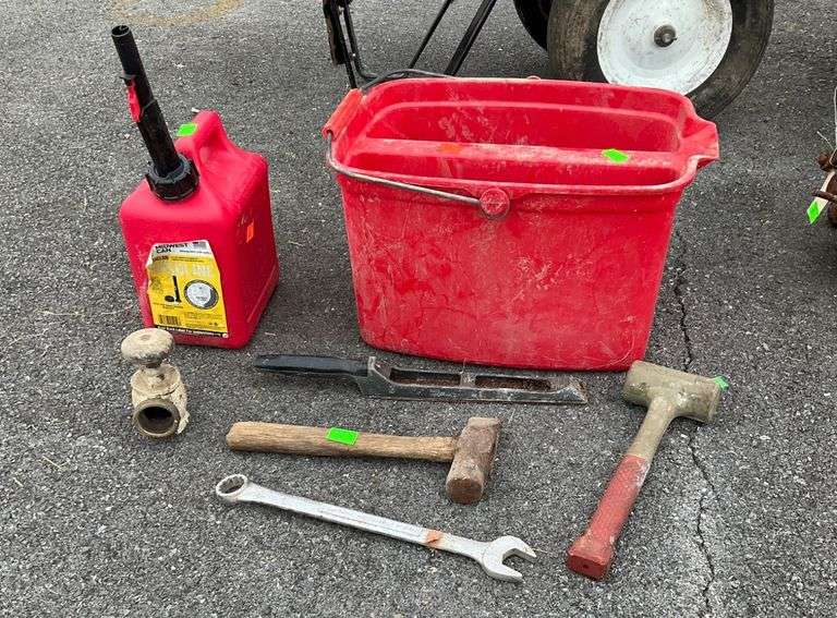 Fuel Can, Divided Plastic Bucket, and Assorted Hand Tools