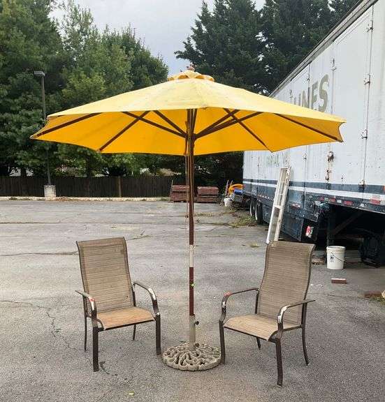 Yellow Patio Umbrella with 8′ Diameter, Metal Base, and Two Mesh Armchairs