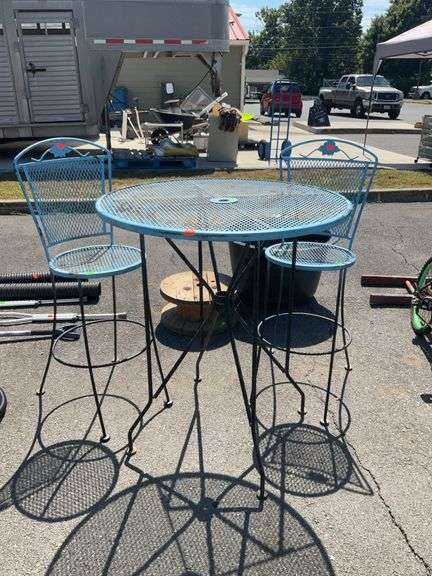 3-pc. Outdoor table set, 36” round top x 41” tall mesh top table with two stools to match, wrought iron framed,