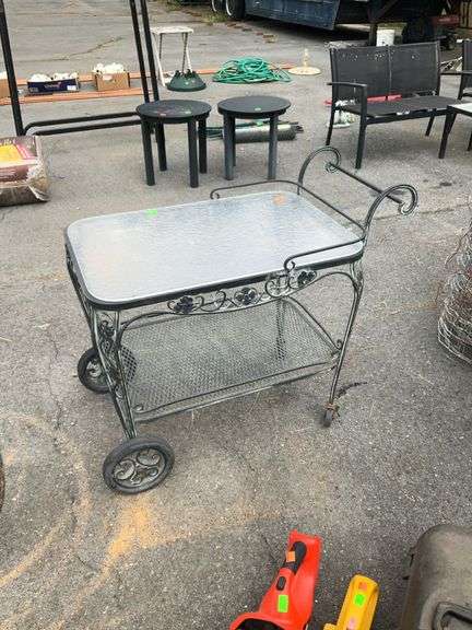 Outdoor Furniture Tea Service Cart, iron works framed with plexiglass top shelf.