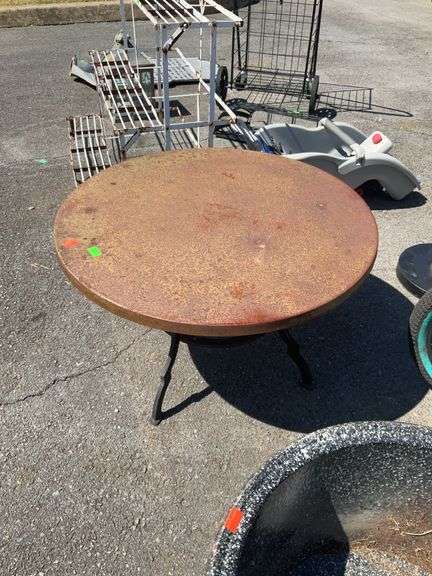 Outdoor 30” round metal top side table, wrought iron undercarriage 19” high