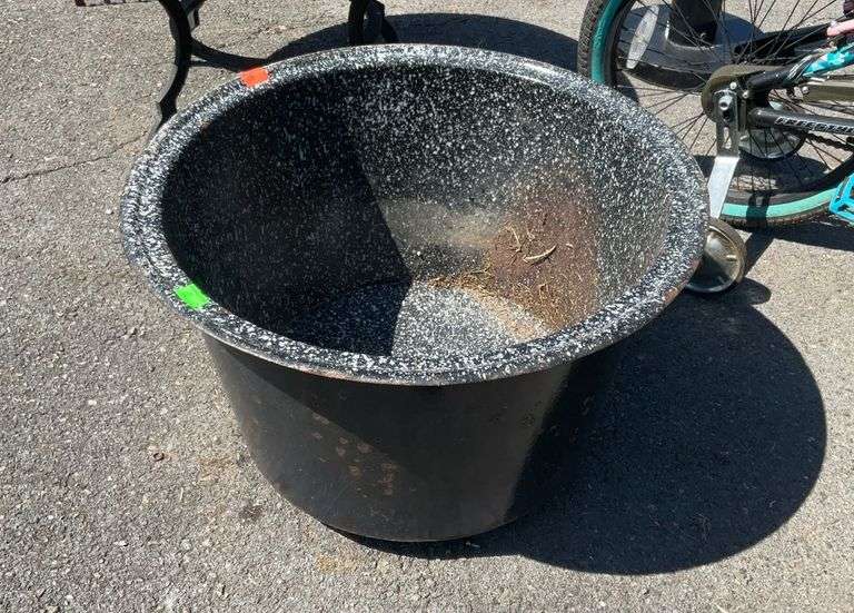 Speckled Enameled Cauldron, another unusual find here in a smaller size at 24” dia x 15” high