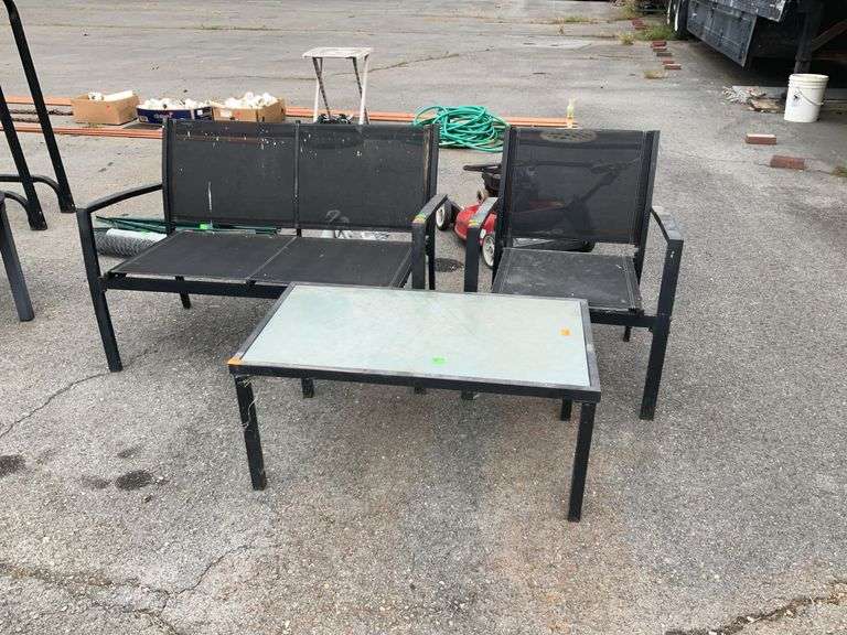 3-pc Outdoor Furniture lot, loveseat, chair and 36” glass top table, aluminum framed, mesh seating, just needs cleaned.