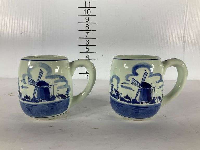 Handpainted Delft Blauw Ceramic Mugs with Windmill and Floral Designs ...