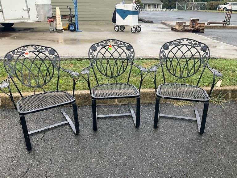 Three Wrought Iron Bounce Chairs with Floral Accents