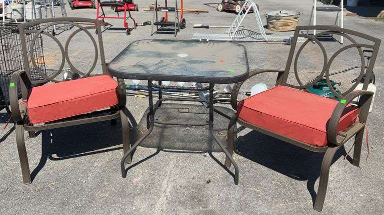 3-pc. Outdoor furniture set, two chairs seat bottom cushions only, plus glass top 33” table, all aluminum framed.