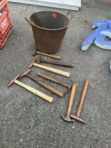 Two-Handle Bucket with Assorted Wood Handle Hammers