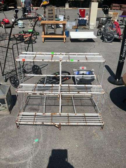 Plant Stand, metal works made in 3 tiered shelving, rustic paint condition shown. 40” wide x 30” tall.