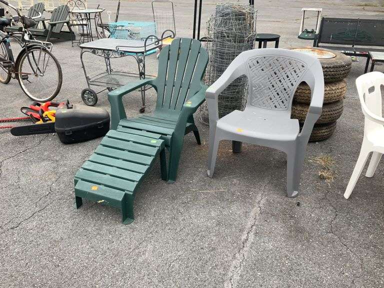 Two poly Outdoor Furniture chairs one with footstool.
