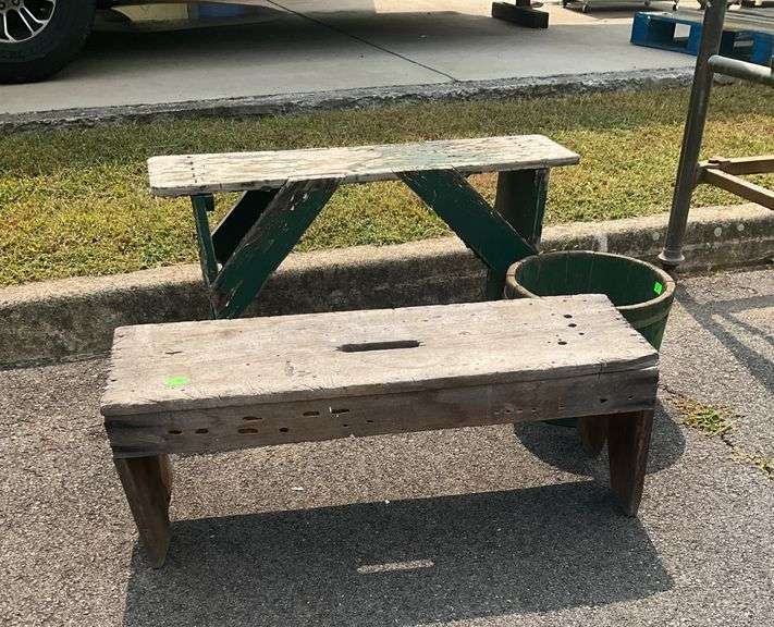 Two Rustic Benches and Wooden Bucket with Handles from the Estate of George R. Rotenberry