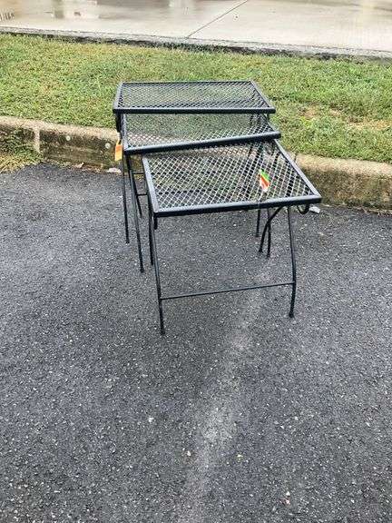 Three Black Metal Mesh-Top Nesting Tables