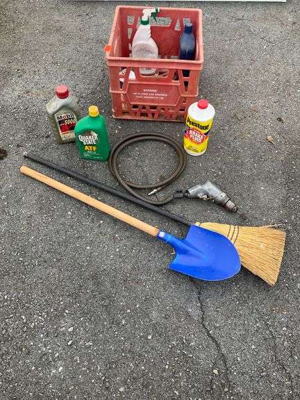 Tools and Supplies Including Pneumatic Drill, Broom, Shovel, and Automotive Oils