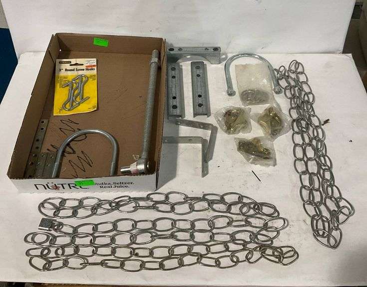 Hardware Lot Including Chains, Metal Brackets, Hooks, and Fasteners ...