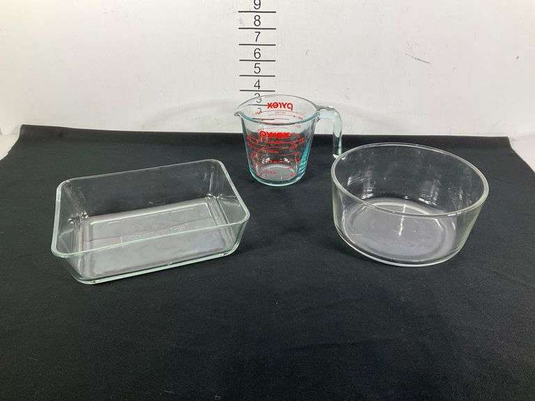 Anchor Hocking Baking Dish, Pyrex Blue Tinted Measuring Cup, and Glass ...