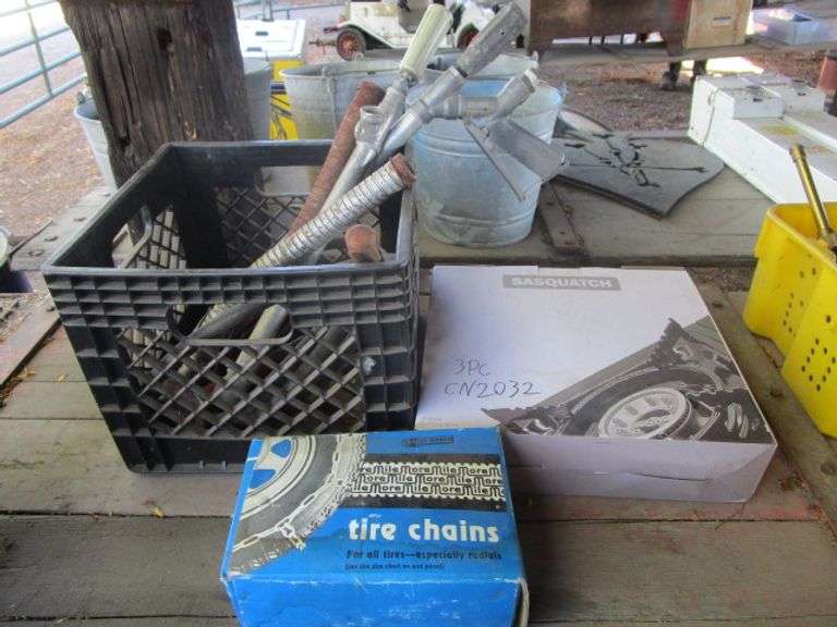 TIRE CHAINS, CAMP STOVE IN BOX, CRATE W/SPRAY NOZELS