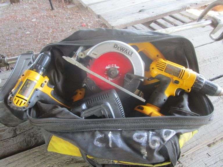 BAG W/DEWALT TOOLS, 2 DRILLS, SKIL, 2 CHARGERS 18VSAW