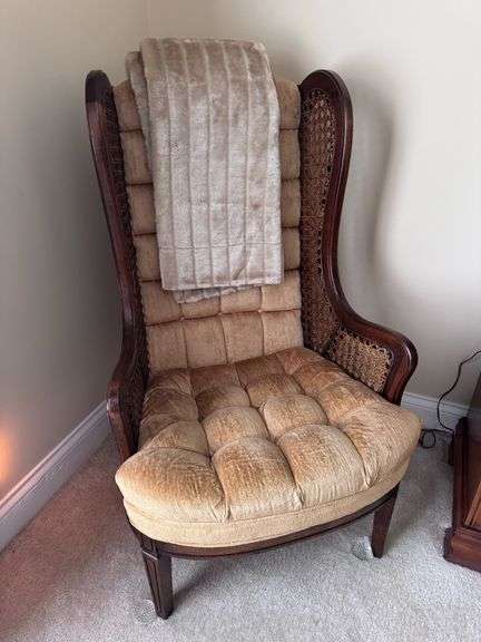 Gold Velour and Cane Wingback Chair
