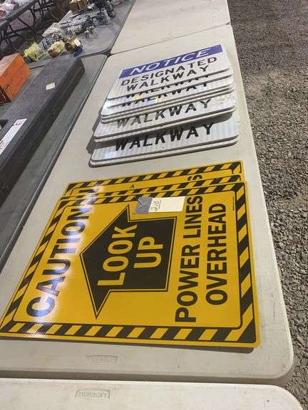 Triple Line Sign 4 Caution Power Line signs, 9 Walkway Signs - Hiatt Auction LLC