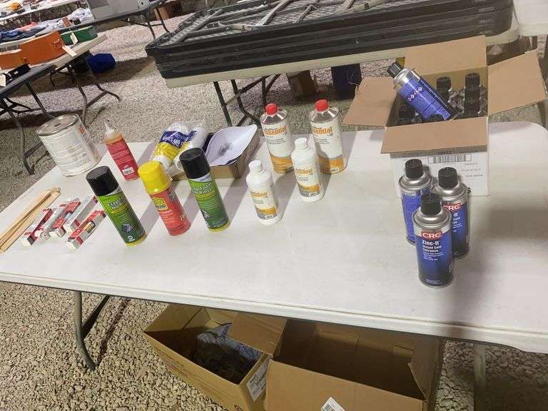 Table Lot: Foam Insulation Spray, Curring Oil, Touch Up paint, Cold Galvinizer, Poly, etc.