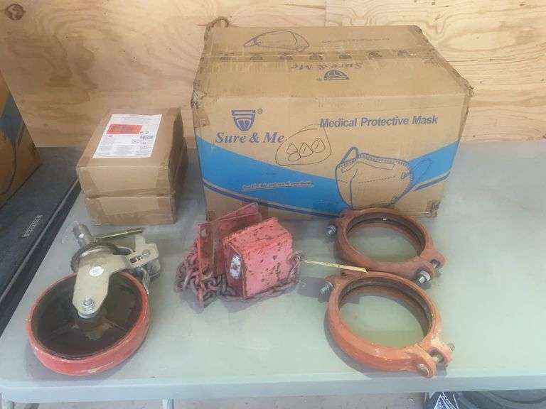 Pipe connector, Lot 800 medical protective masks, mini brush, dustpan sets, metal wheel and caster ,