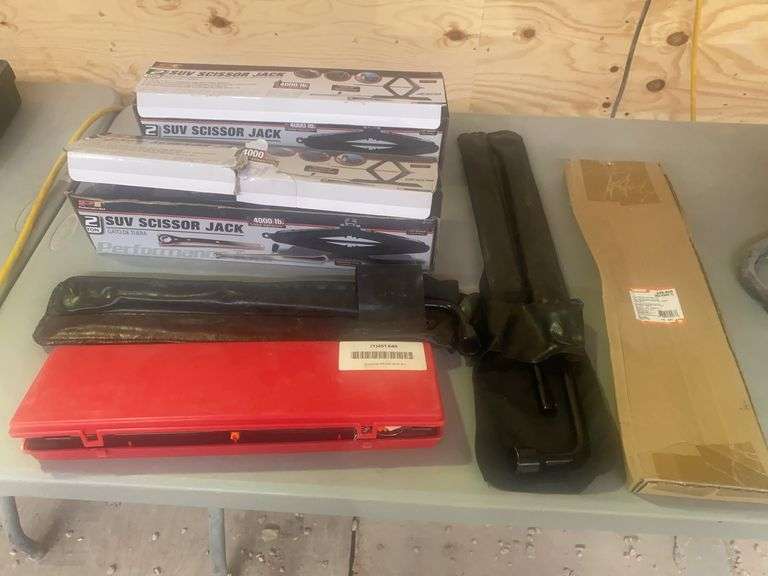 2PT2 ton SUV scissor jack in boxes, Cortina  safety triangle kit, Dorman, spare tire and jack tool k