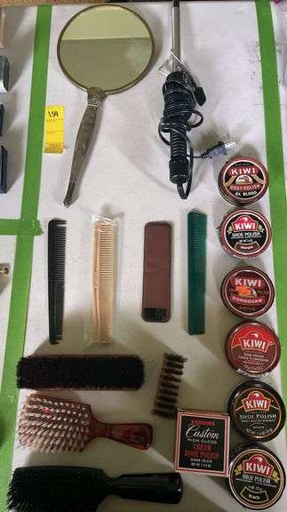 Vintage Hand Mirror, Combs, Brushes, Shoe Polish, and Curling Iron