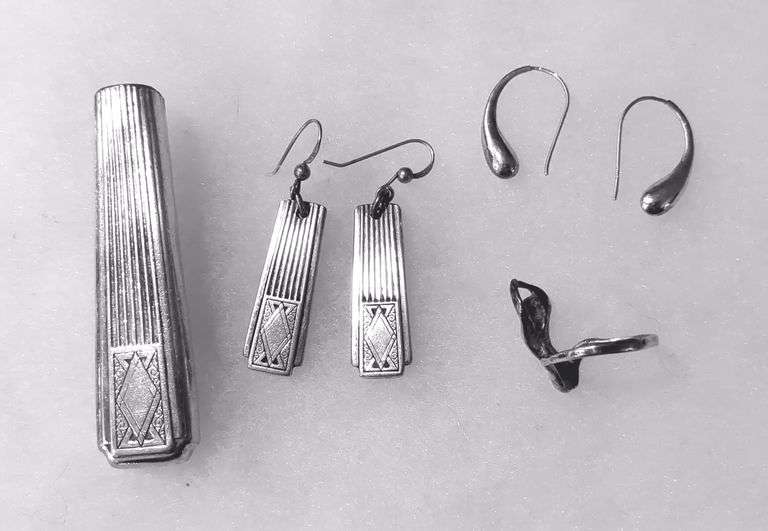 Sterling Silver Flower Holder Pin, Pierced Earrings, and Ring